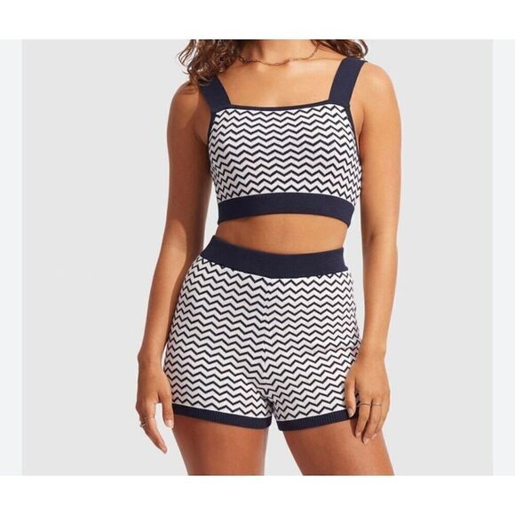 2 pc Set Seafolly Blue & White Zig Zag Patterned Tank & Shorts Set - Picture 1 of 10